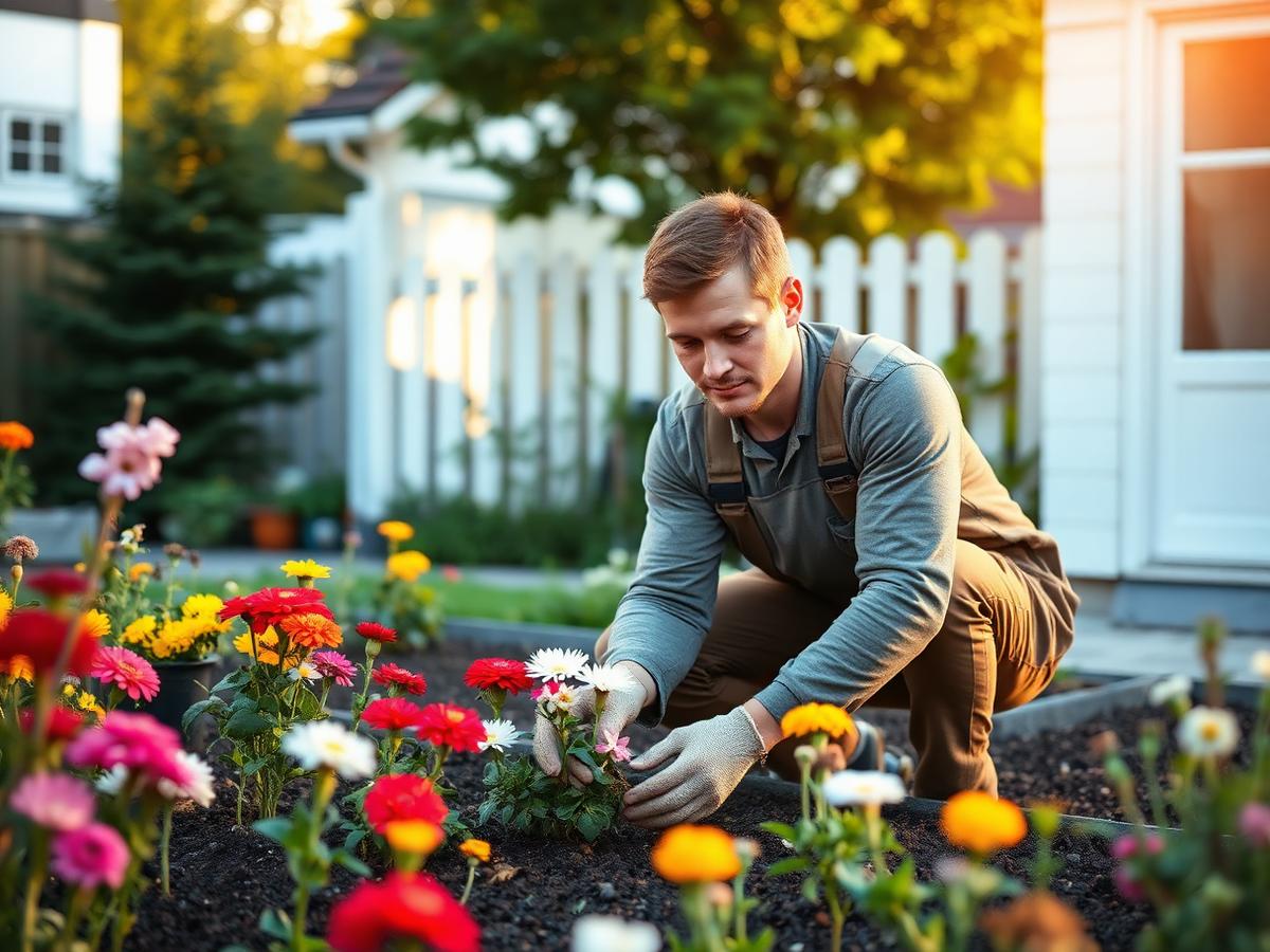 Professionel gartner planter blomster i et havebed