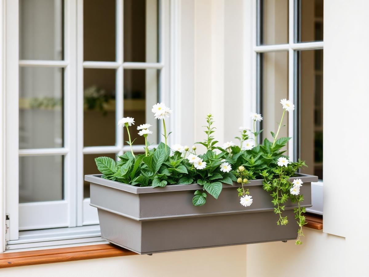 Færdigplantet altankasse med grønne planter og hvide blomster